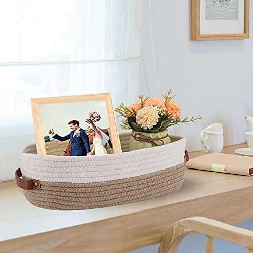 Oradrem Cotton Rope Bathroom Decor Basket Toilet Paper Holder Basket Farmhouse Home Decor Organizing Baskets 13""x5.9""x4"" Brown Stitching White - Image 5